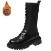 Lucyever Side Zipper Platform Mid Calf Boots Women Lace Up Thick Sole Motorcycle Boots Woman Autumn Winter Warm Pu Leather Shoes