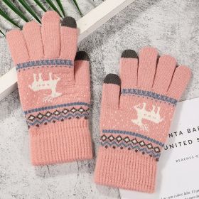 2022 New Women's Thick Knitted Gloves Girls Touch Screen Fashion Deer Pattern Sweet and Cute Autumn and Winter Warm Wool Gloves (Color: Style 1 Pink)