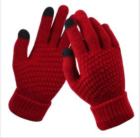 Double-layer rabbit hair gloves female winter Korean version of solid color all fingers winter women gloves girls mittens (Color: N357-Red)