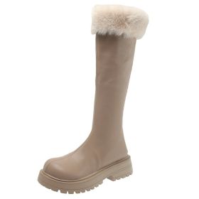 Lucyever Winter Khaki Platform Knee High Boots Women 2022 Back Zipper Long Fur Boots Woman Thick Heels Warm Plush Shoes Female (Color: Khaki, size: 39)