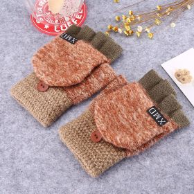 Winter Warm Thickening Wool Gloves Knitted Flip Fingerless Exposed Finger Thick Gloves Without Fingers Mittens Glove Women (Color: Brown, Gloves Size: One size)