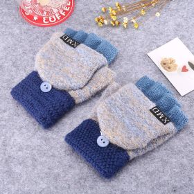 Winter Warm Thickening Wool Gloves Knitted Flip Fingerless Exposed Finger Thick Gloves Without Fingers Mittens Glove Women (Color: Blue Grey, Gloves Size: One size)
