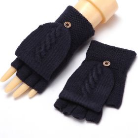 Winter Warm Thickening Wool Gloves Knitted Flip Fingerless Exposed Finger Thick Gloves Without Fingers Mittens Glove Women (Color: A-Navy, Gloves Size: One size)