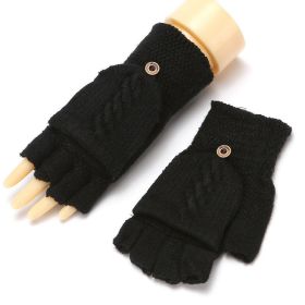 Winter Warm Thickening Wool Gloves Knitted Flip Fingerless Exposed Finger Thick Gloves Without Fingers Mittens Glove Women (Color: A-Black, Gloves Size: One size)