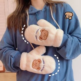 Bear Embroidery Soft Plush Gloves Women Winter Warm Thicken Fingerless Mittens Girls Students Outdoor Warmer Gifts Hand Guards (Color: DA, Gloves Size: One size)