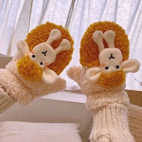 Bear Embroidery Soft Plush Gloves Women Winter Warm Thicken Fingerless Mittens Girls Students Outdoor Warmer Gifts Hand Guards (Color: EA, Gloves Size: One size)