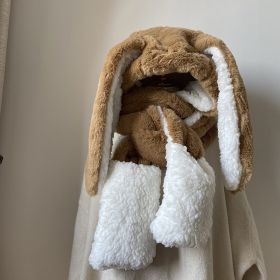 2022 New Fashion Scarf Hat Glove 3 Piece Women Cute Big Ear Bunny Winter Warm Soft Thickening Pocket Hats Hooded (Color: Auburn)
