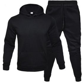 Autumn and winter men's pullover plush hoodie sweater suit solid casual sports suit (Color: Black, size: 3XL)