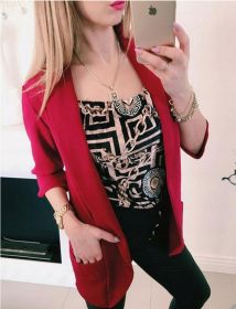 Autumn and winter women's new coat long sleeve fashion small suit (Color: Burgundy, size: L)