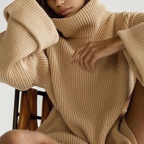 Knit Women's Turtleneck Sweater Pullovers 2021 Autumn Winter Solid Long Sleeve Dropped Shoulder Loose Knitwear Ladies Office Top (Color: Yellow, size: M)