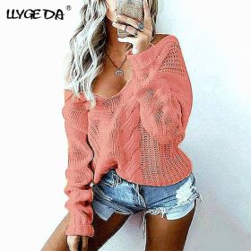 Solid Twist Knitted V-Neck Women's Sweaters 2020 Winter Korea Long Sleeve Loose Casual Pullover Long Sleeve Female Sweater (Color: Pink, size: S)