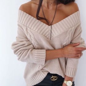 Solid V-neck Women's Sweater Drop Shoulder Long Sleeve knitting Sweaters Woman 2021 Autumn Winter Loose Fashion Pullover (Color: apricot, size: S)