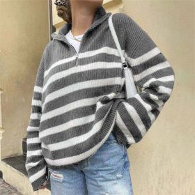 Stripe knitted Casual Women Sweater Long Sleeve Women's Jumper 2021 Autumn Winter Patchwork Knitted Sweaters Zip V-Neck Pullover (Color: HFA9481-GWS, size: L)