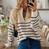 Stripe knitted Casual Women Sweater Long Sleeve Women's Jumper 2021 Autumn Winter Patchwork Knitted Sweaters Zip V-Neck Pullover