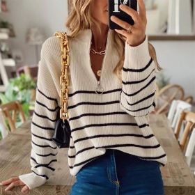 Stripe knitted Casual Women Sweater Long Sleeve Women's Jumper 2021 Autumn Winter Patchwork Knitted Sweaters Zip V-Neck Pullover (Color: HFA9371-CW-, size: S)
