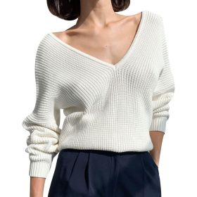 LLYGE DA Solid Casual Women's Sweater Long Sleeve Deep V-Neck Knit Women Sweaters 2021 Autumn Winter Low Price Pullover Top (Color: White, size: M)