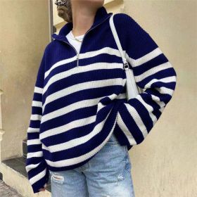 Stripe knitted Casual Women Sweater Long Sleeve Women's Jumper 2021 Autumn Winter Patchwork Knitted Sweaters Zip V-Neck Pullover (Color: HFA9481-BWS, size: XXXL)