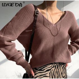 LLYGE DA Solid Casual Women's Sweater Long Sleeve Deep V-Neck Knit Women Sweaters 2021 Autumn Winter Low Price Pullover Top (Color: Brown, size: XL)