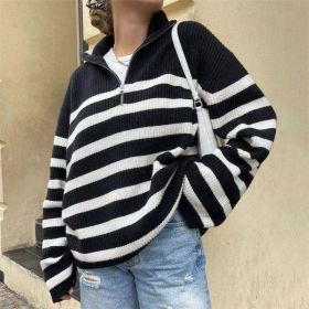 Stripe knitted Casual Women Sweater Long Sleeve Women's Jumper 2021 Autumn Winter Patchwork Knitted Sweaters Zip V-Neck Pullover (Color: HFA9481-BW, size: S)