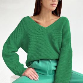 LLYGE DA Solid Casual Women's Sweater Long Sleeve Deep V-Neck Knit Women Sweaters 2021 Autumn Winter Low Price Pullover Top (Color: Green, size: L)