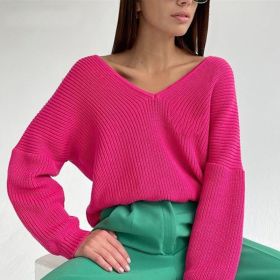 LLYGE DA Solid Casual Women's Sweater Long Sleeve Deep V-Neck Knit Women Sweaters 2021 Autumn Winter Low Price Pullover Top (Color: Rose red, size: L)