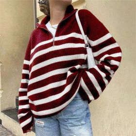 Stripe knitted Casual Women Sweater Long Sleeve Women's Jumper 2021 Autumn Winter Patchwork Knitted Sweaters Zip V-Neck Pullover (Color: HFA9481-RW, size: M)