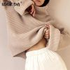 Knit Women's Turtleneck Sweater Pullovers 2021 Autumn Winter Solid Long Sleeve Dropped Shoulder Loose Knitwear Ladies Office Top