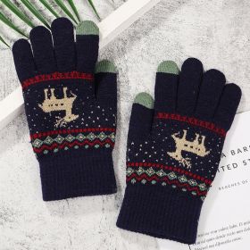 2022 New Women's Thick Knitted Gloves Girls Touch Screen Fashion Deer Pattern Sweet and Cute Autumn and Winter Warm Wool Gloves (Color: Style 1 Navy Blue)