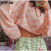 Knitted Square Grid Short Women's Sweater Long Sleeve Sweaters Woman 2021 Autumn Winter Loose Casual Fashion Pullovers Female